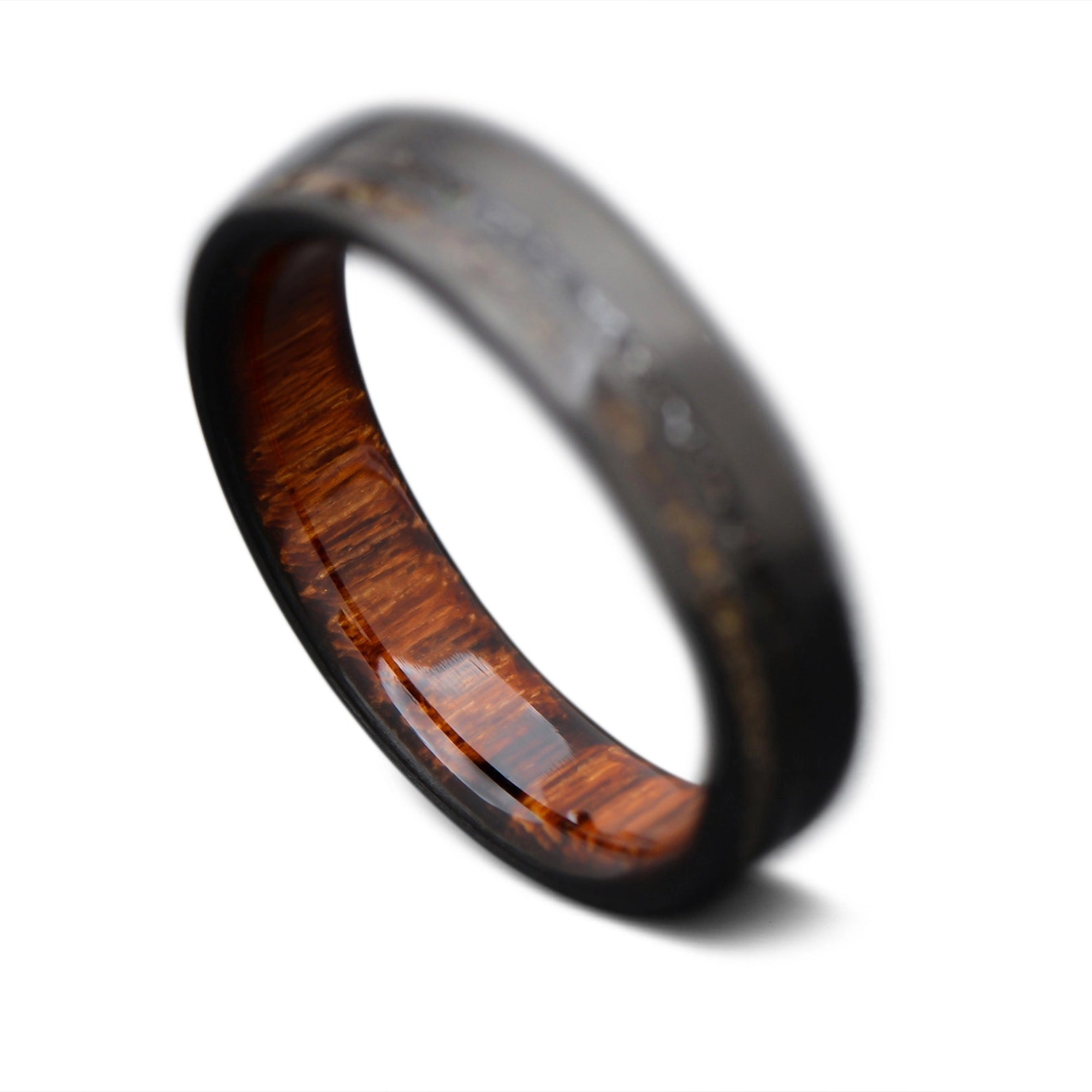 Back of CarbonUni Core Ring with Crushed T-Rex, Meteorite inlay and Teak wood inner sleeve, 6mm -THE INNOVATOR