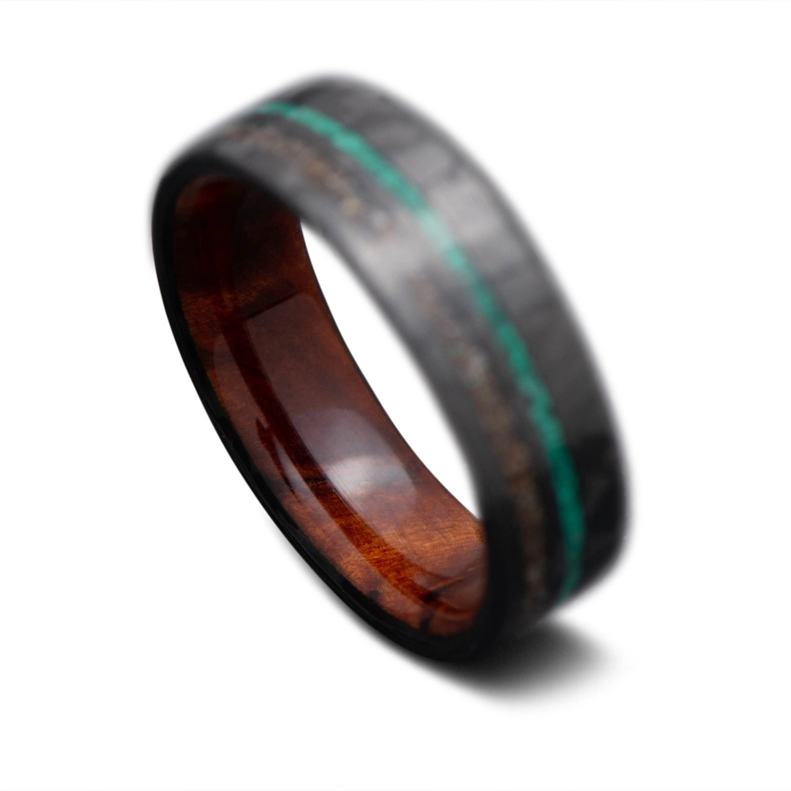 Back of CarbonTwill Core Ring with Crushed T-Rex, Malachite inlay and  Thuya inner sleeve, 7mm -THE SEEKER