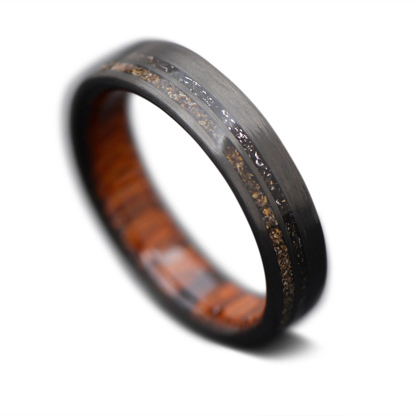 CarbonUni Core Ring with Crushed T-Rex, Meteorite inlay and Teak wood inner sleeve, 6mm -THE INNOVATOR