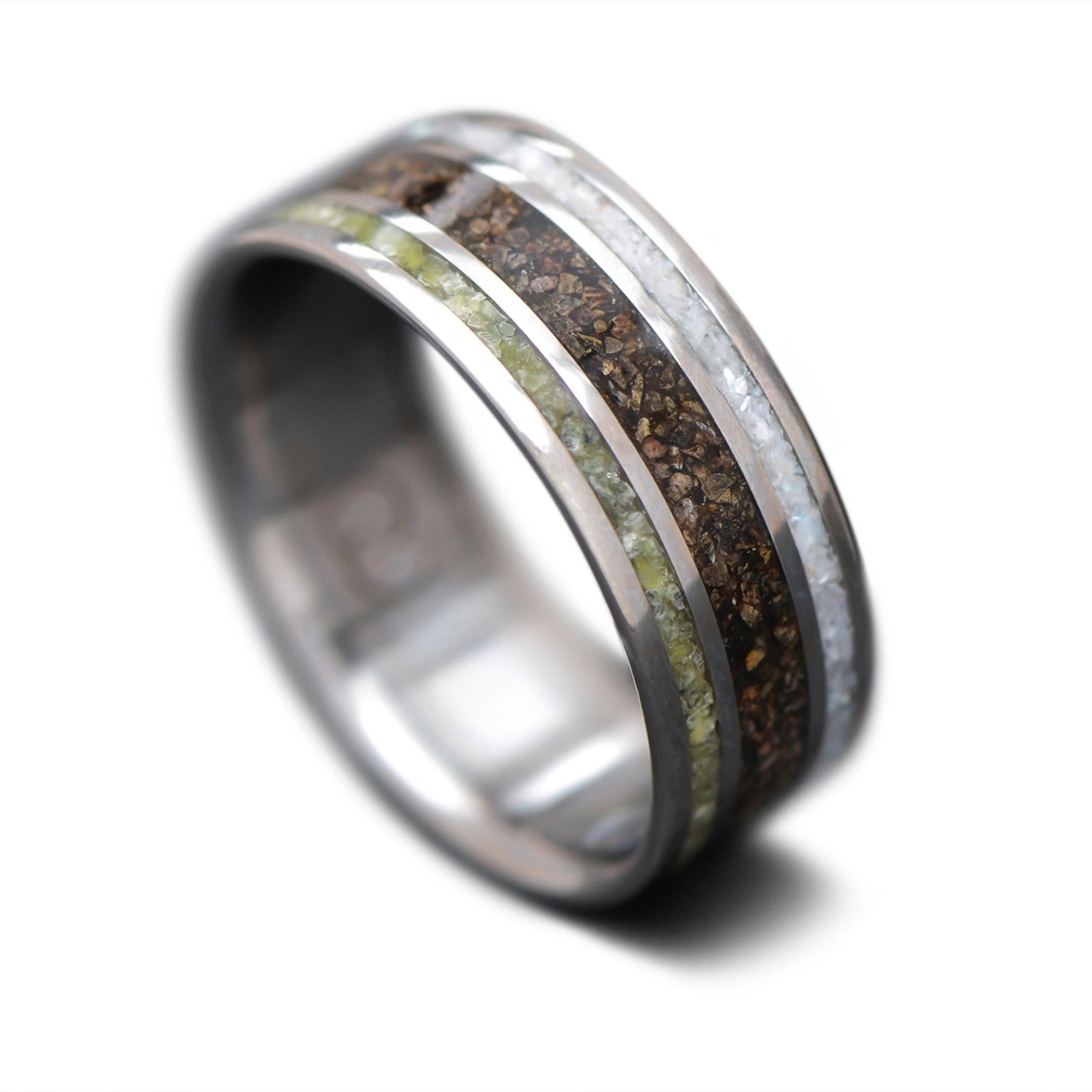 Titanium Core Ring with  Crushed T-Rex, Jade, Pearl inlay, 7mm -THE TRIO
