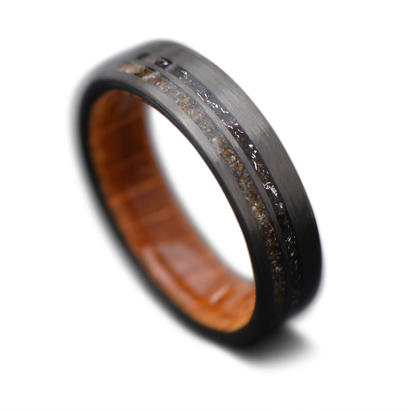 CarbonUni Core Ring with Crushed Plesiosaurs, Meteorite inlay and  Whiskey Barrel Oak inner sleeve, 6mm - THE INNOVATOR