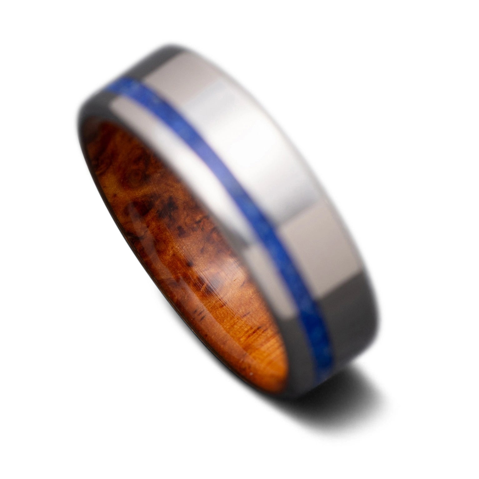  Back of Titanium Core Ring with Lapis Lazuli inlay and  Amboyna inner sleeve, 7mm -THE SHIFT