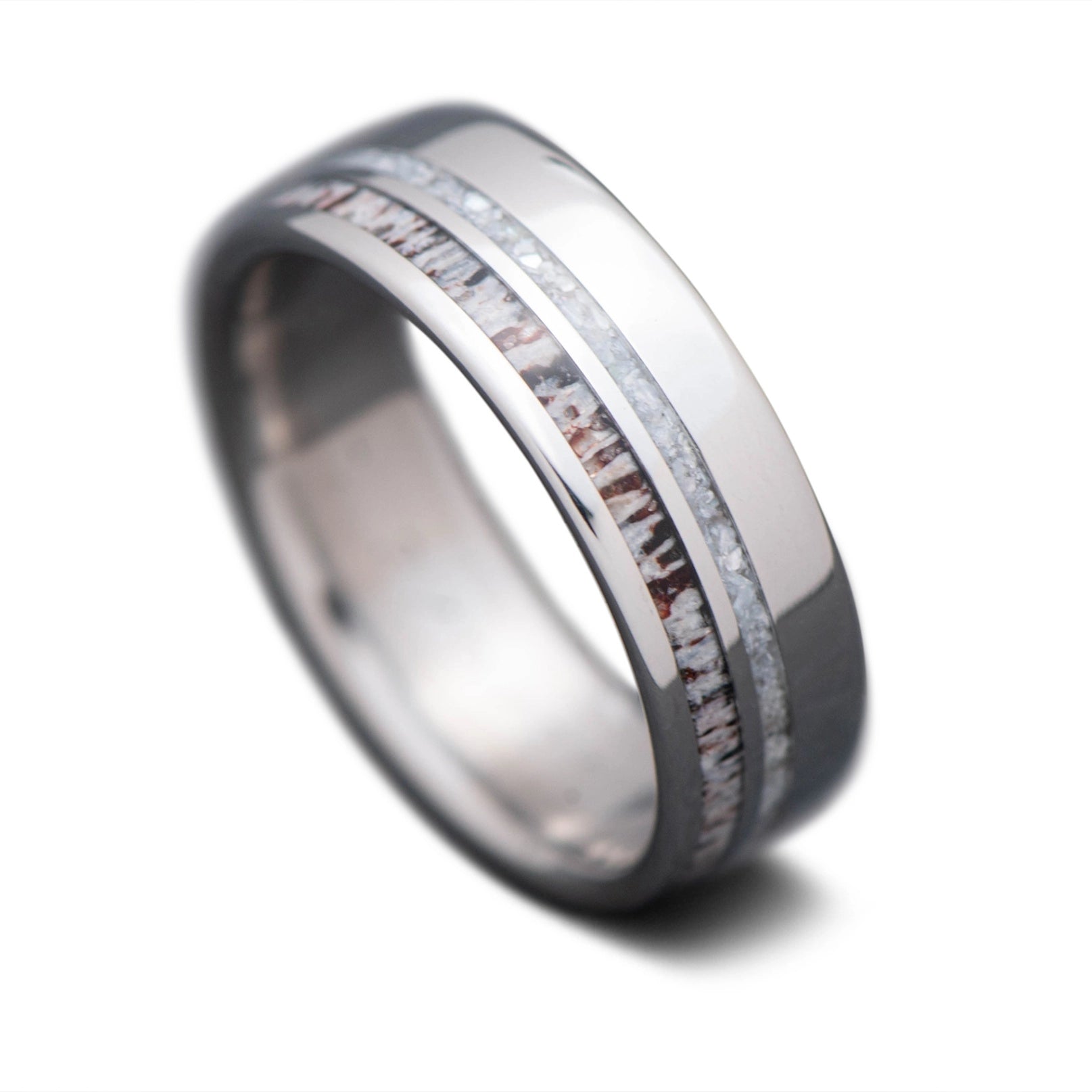 Titanium Core Ring with Deer Antler, Pearl inlay, slim fit, polished, 7mm -THE GUARDIAN