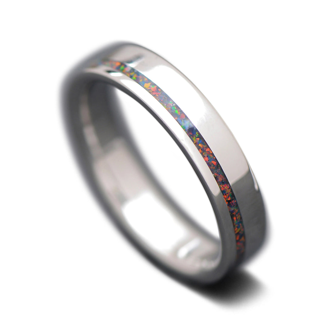 Titanium Ring with Black Fire Opal Inlay Custom Men's Wedding