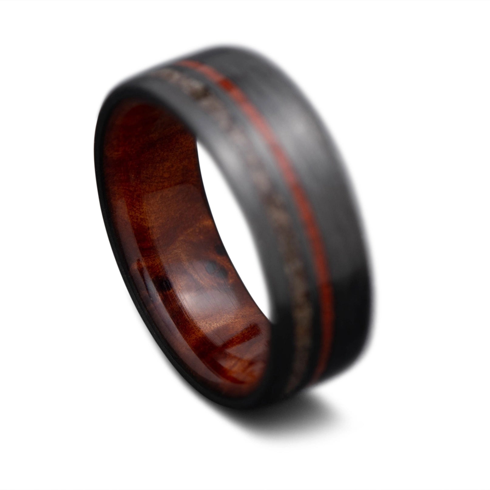 Back of CarbonUni Core Ring with Crushed T-Rex, Red Jasper inlay and Thuya wood inner sleeve, 7mm - THE INNOVATOR