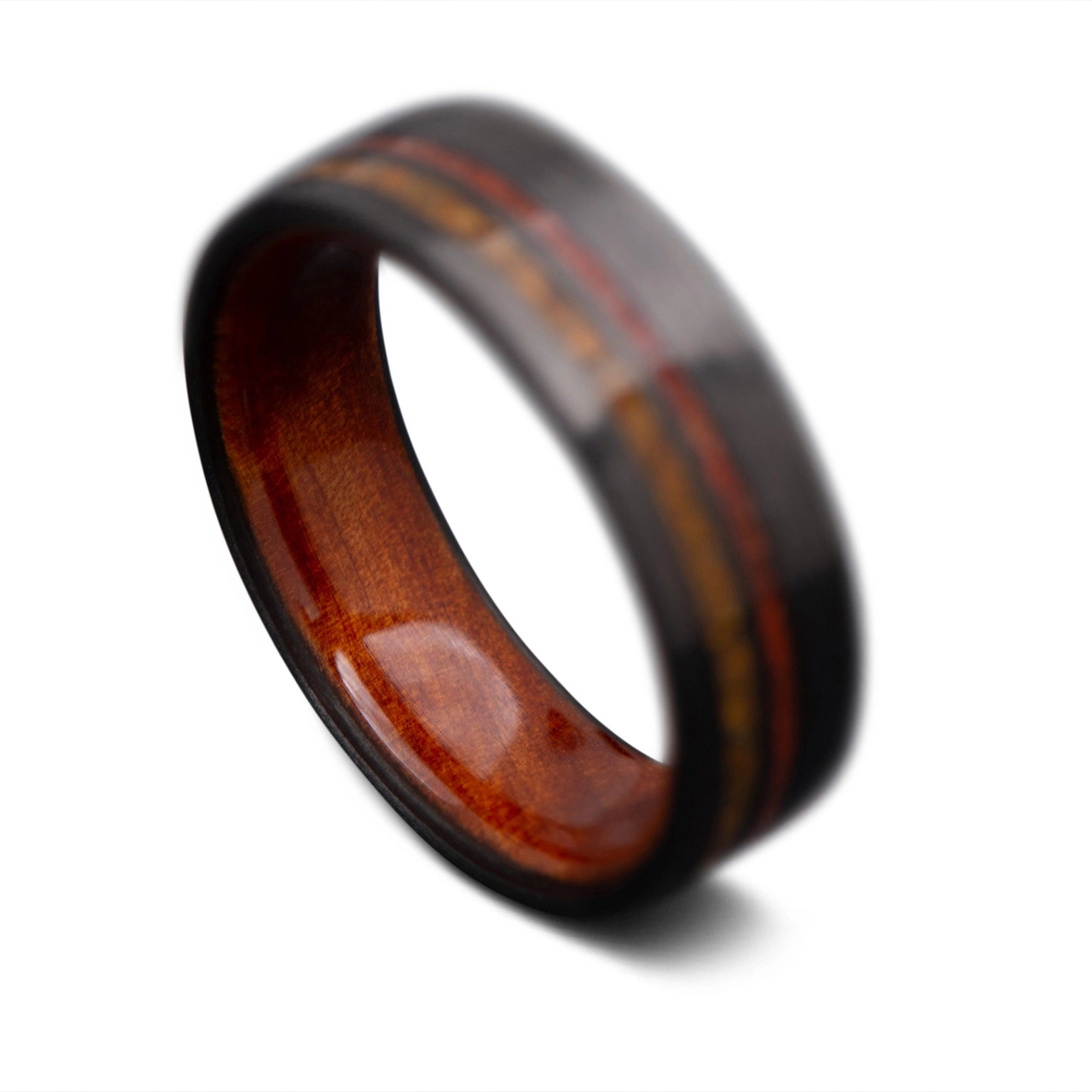 Back of CarbonUni Ring with Tiger Eye, Red Jasper inlay and Thuya wood inner sleeve, 7mm -THE INNOVATOR