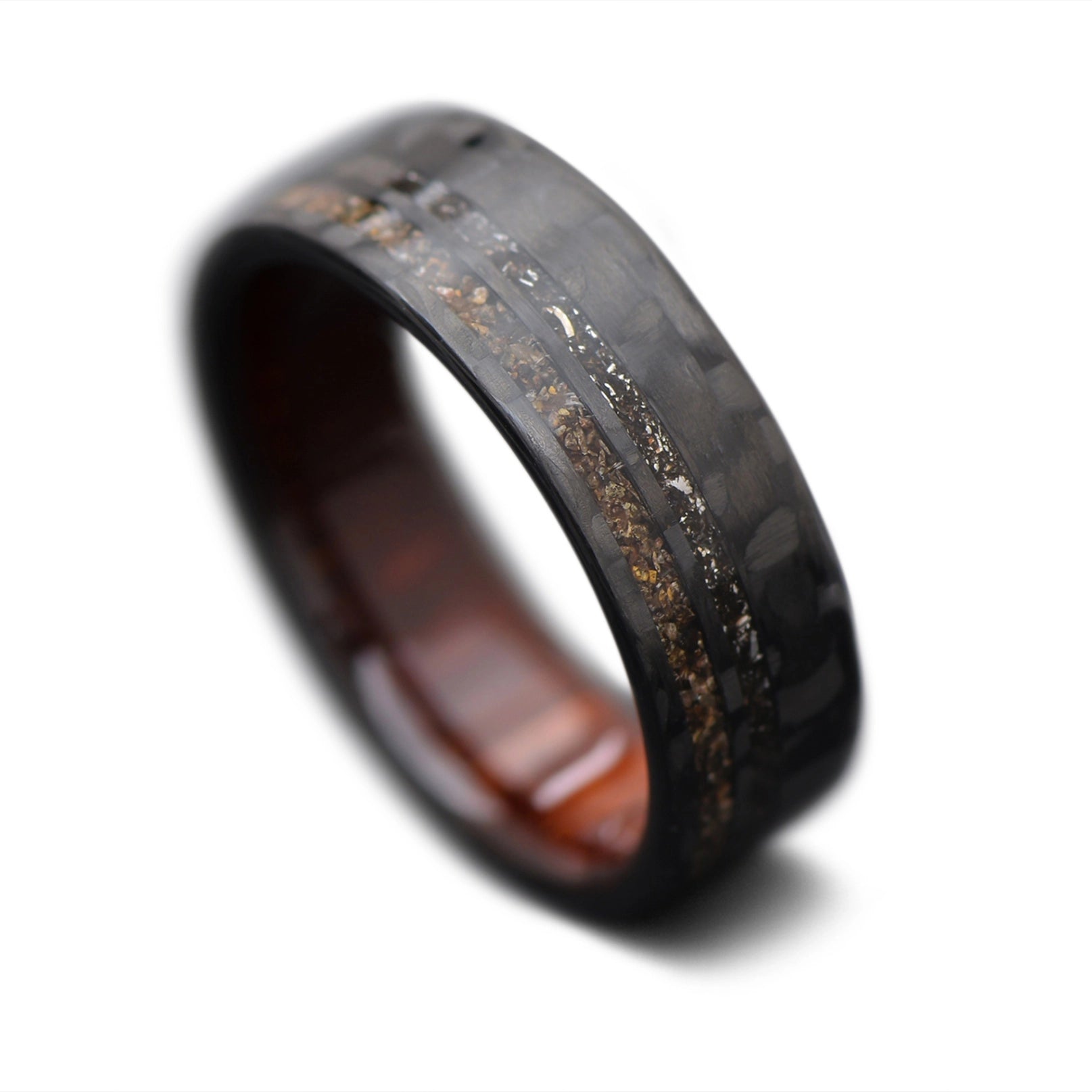  CarbonTwill Core Ring with  Crushed T-Rex, Meteorite inlay and Koa inner sleeve, 8mm -THE SEEKER