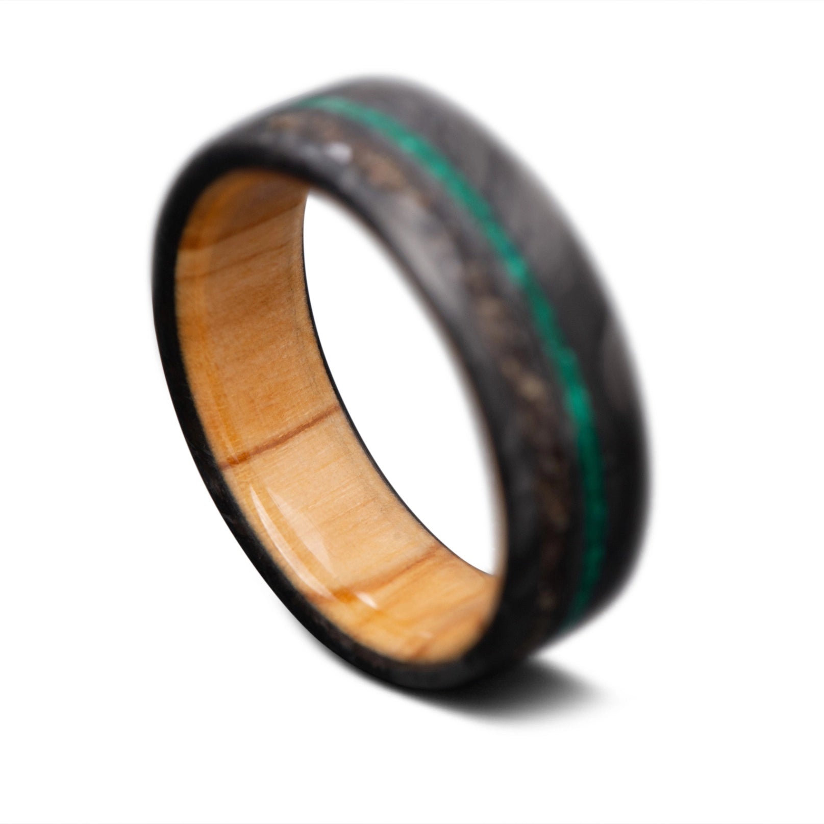 Back of CarbonForged Core Ring with Crushed T-Rex, Malachite inlay and Olivewood inner sleeve, 7mm -THE ODYSSEY