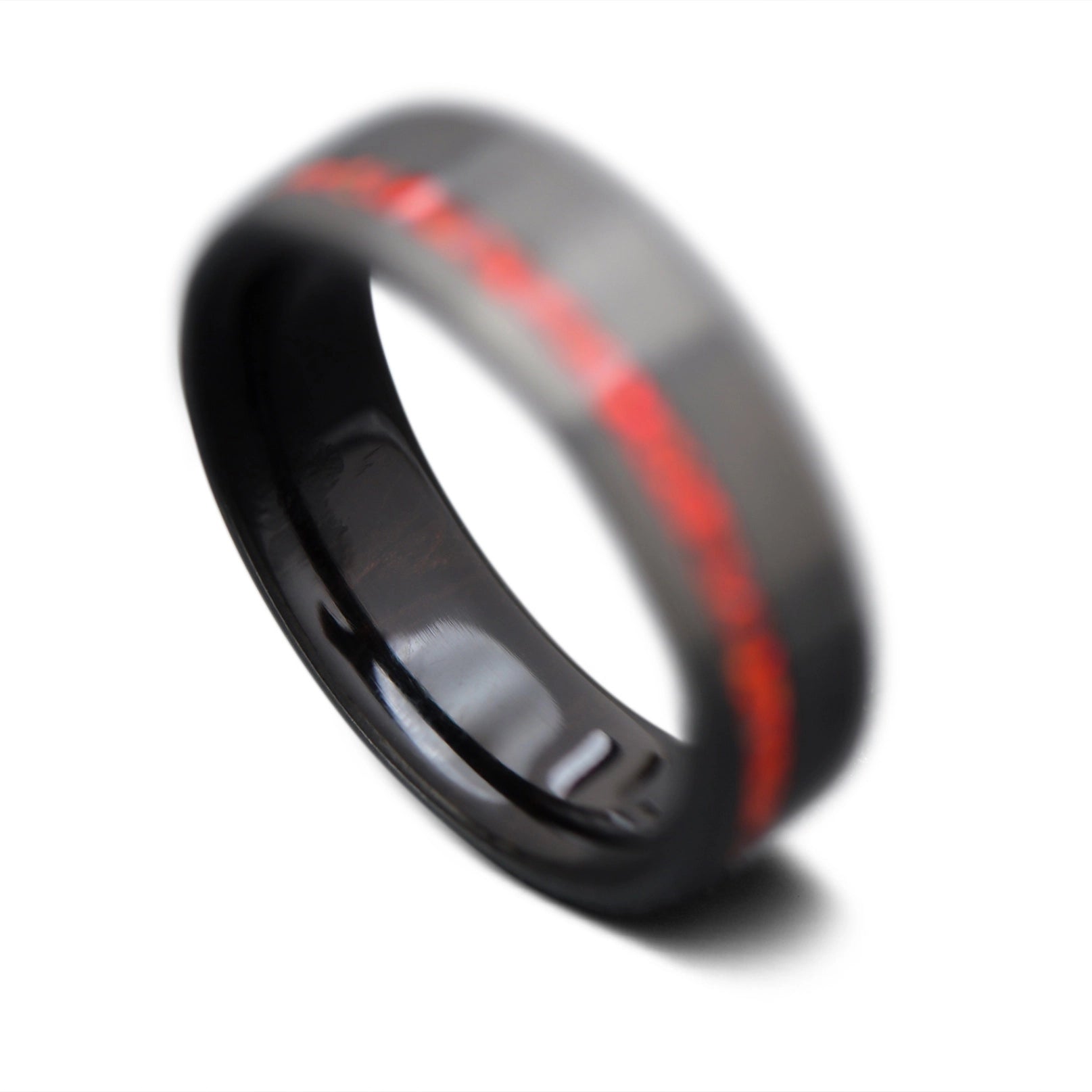 Back of CarbonUni core ring with Ruby Fire Opal inlay and African Blackwood inner sleeve, 7mm -THE VERTEX