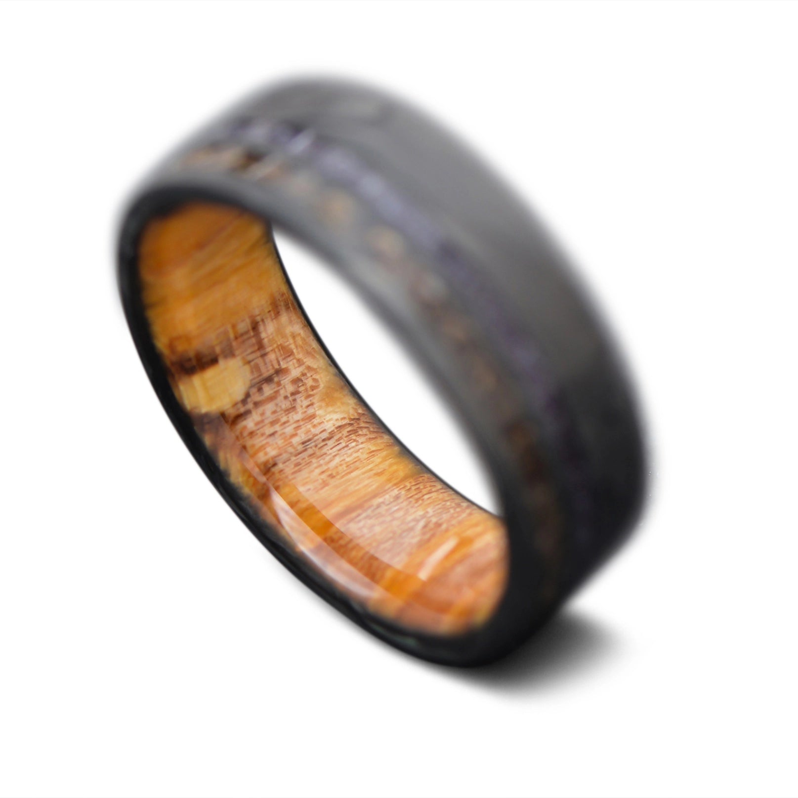 Back of CarbonForged Core Ring with Amethyst, Crushed T-Rex inlay and Silver Spalted Birch inner sleeve, 8mm -THE ODYSSEY