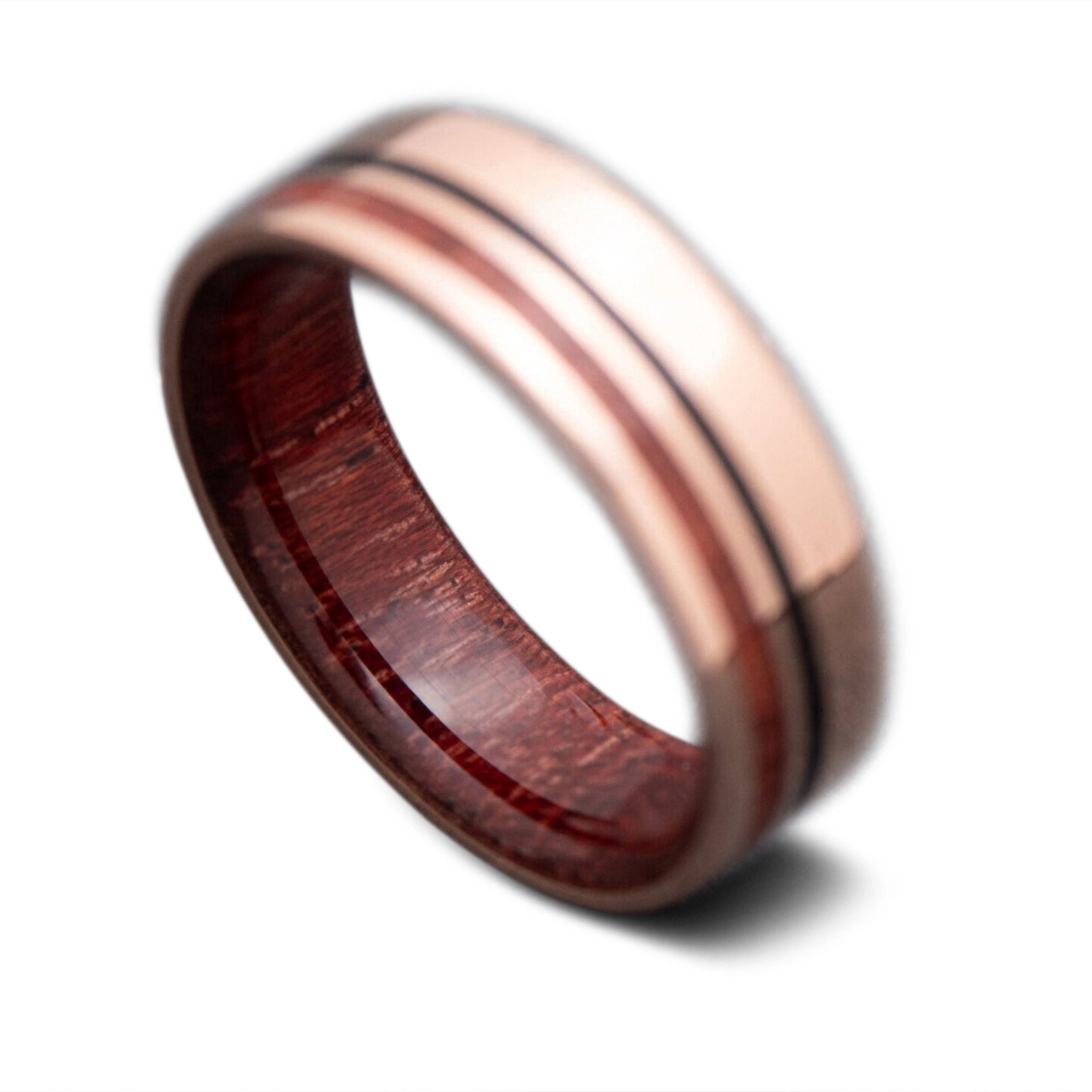 Back of Rose Gold core ring with Black Onyx, Purple Heart inlay and Purple Heart inner sleeve, 7mm -THE ETERNITY