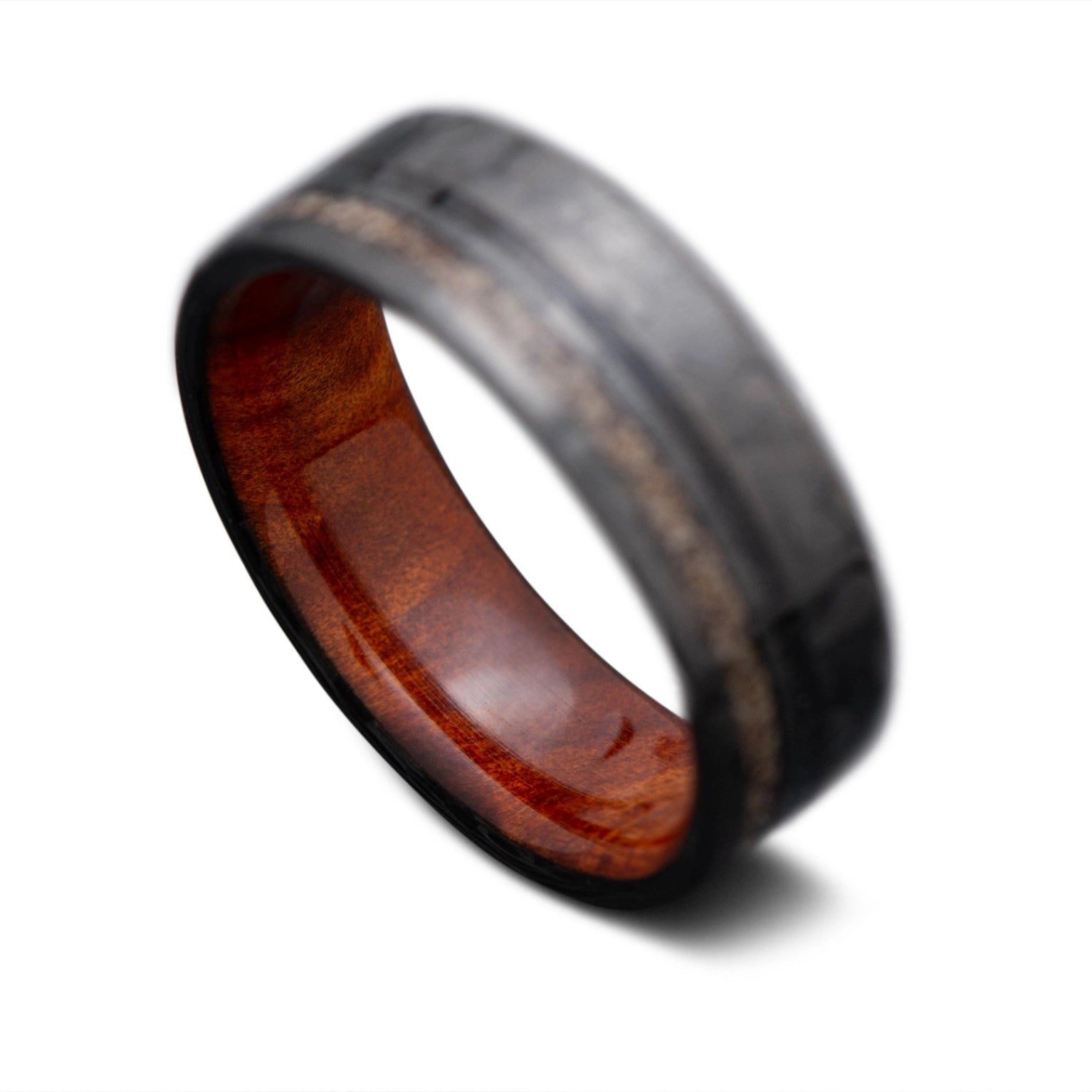 Back of CarbonTwill Core Ring with Black Onyx, Crushed T-Rex inlay and Thuya inner sleeve, 7mm -THE SEEKER
