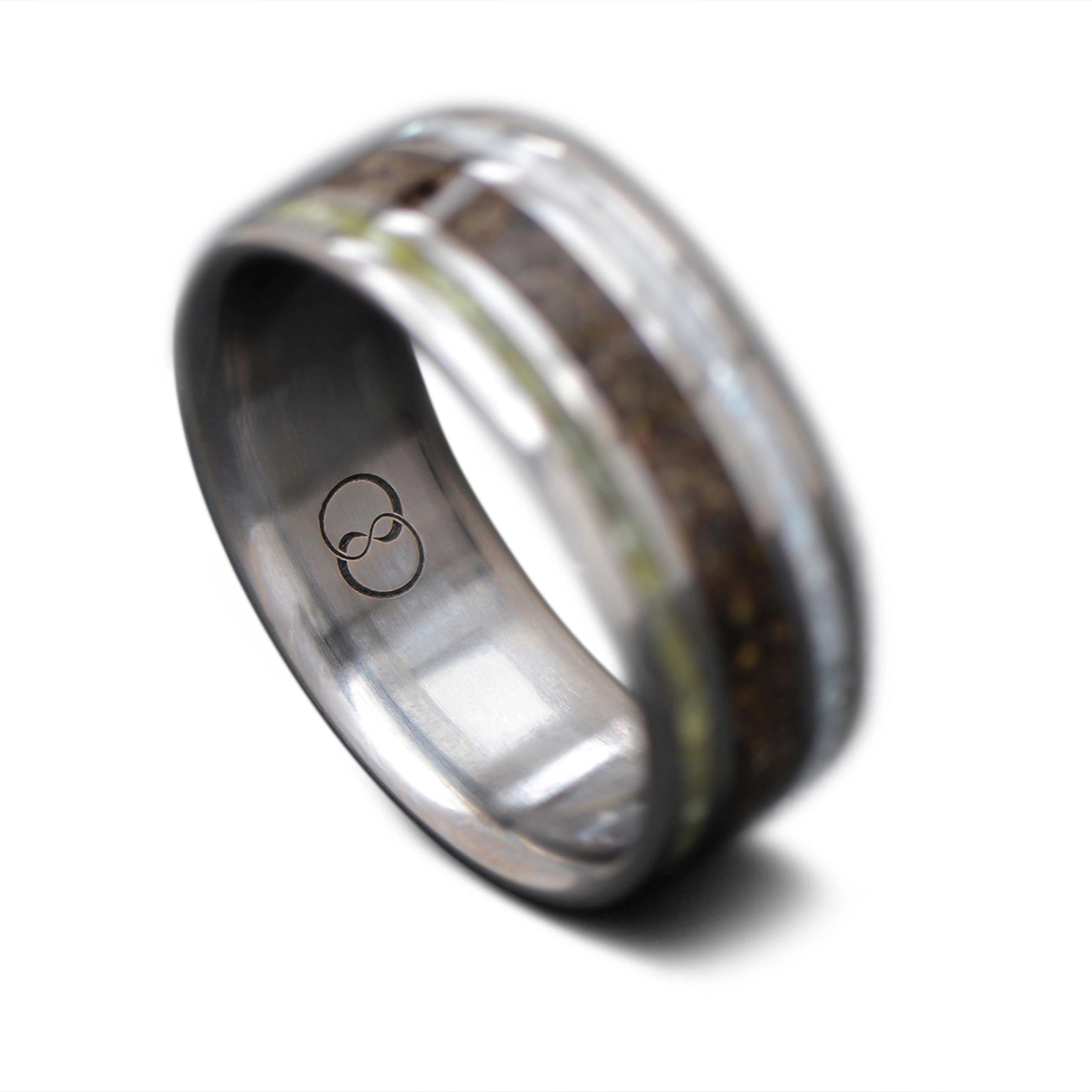 Back of Titanium Core Ring with  Crushed T-Rex, Jade, Pearl inlay, 7mm -THE TRIO