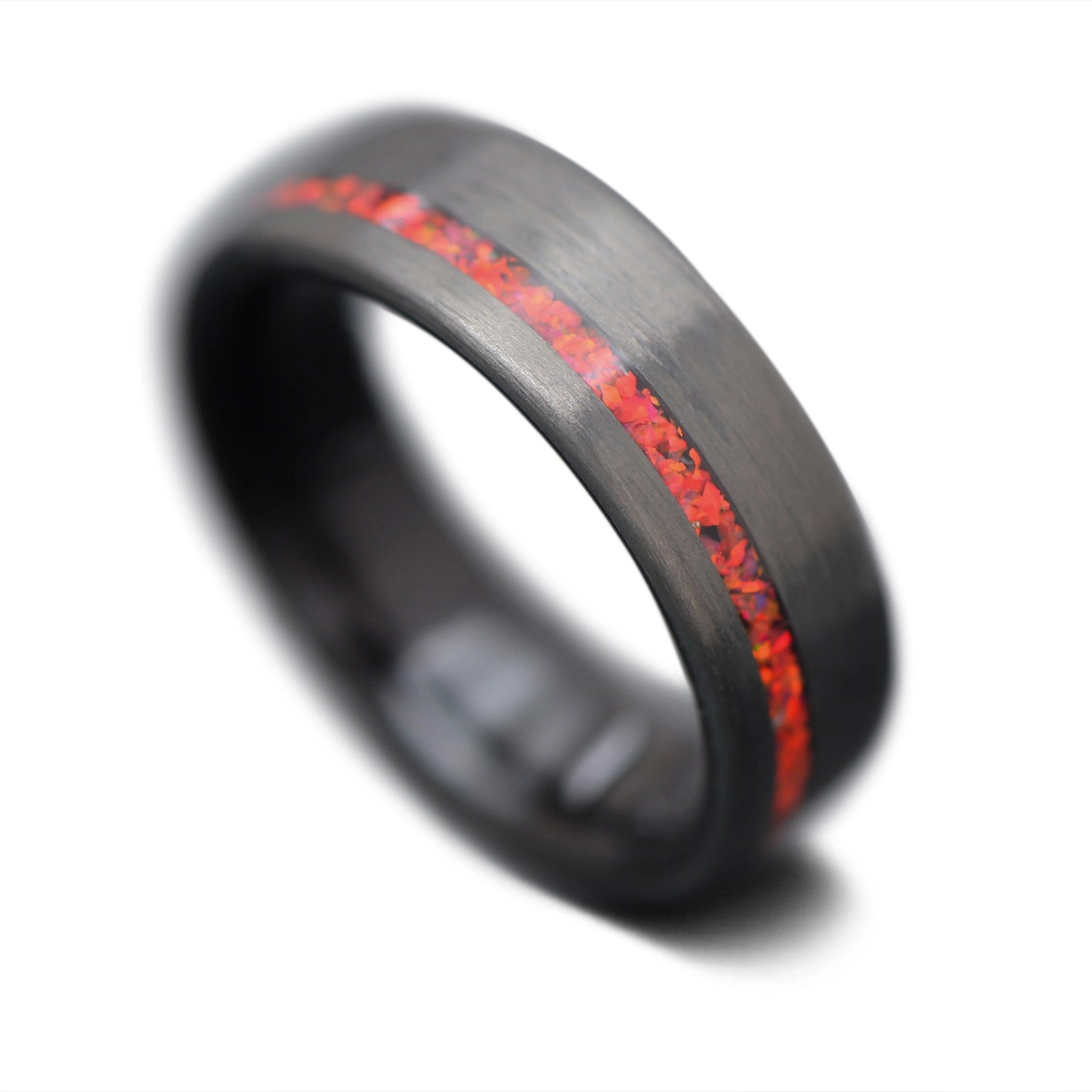 CarbonUni core ring with Ruby Fire Opal inlay and African Blackwood inner sleeve, 7mm -THE VERTEX