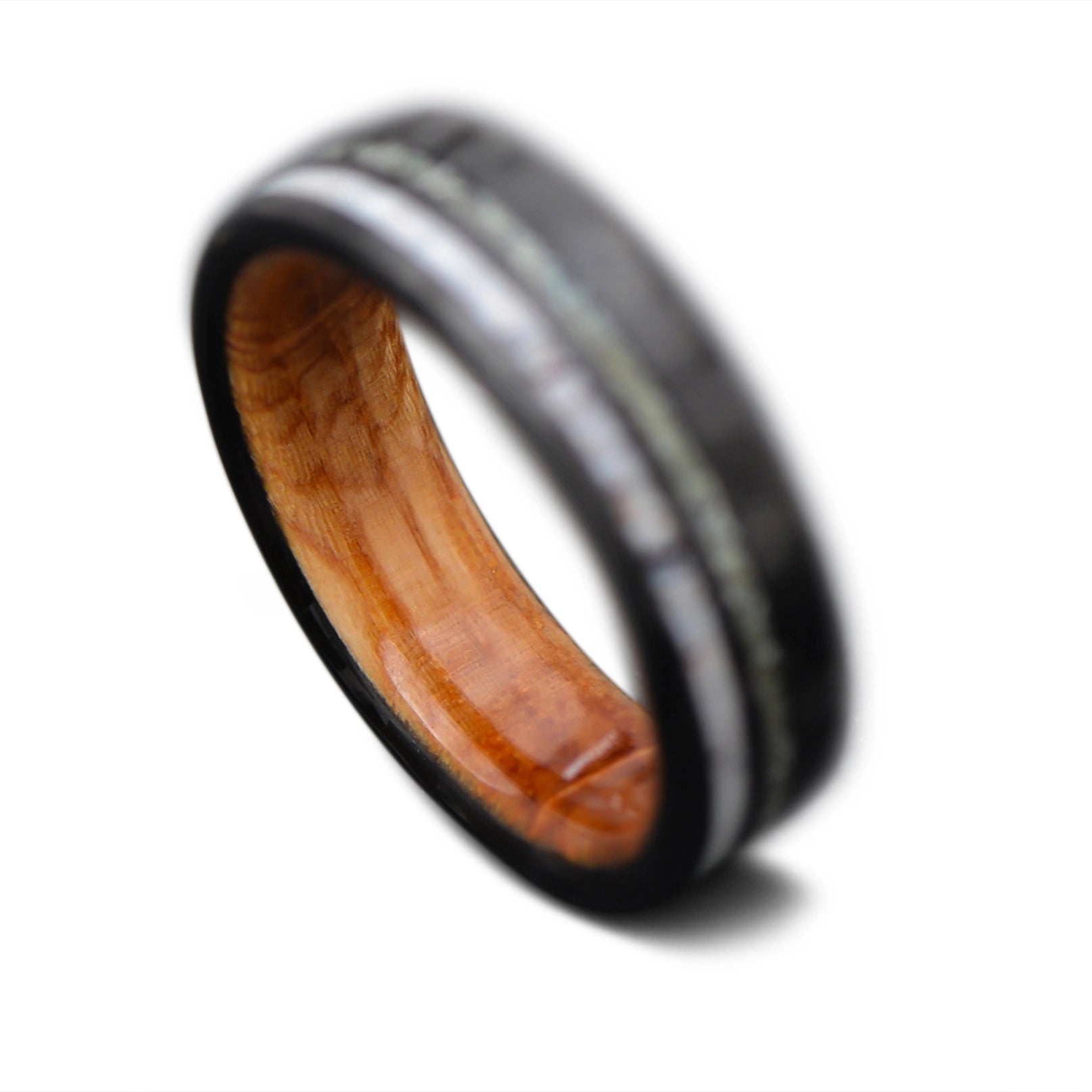 Back of CarbonTwill Core Ring with Deer Antler, Jade inlay and  Whiskey Barrel Oak inner sleeve, 6mm -THE SEEKER