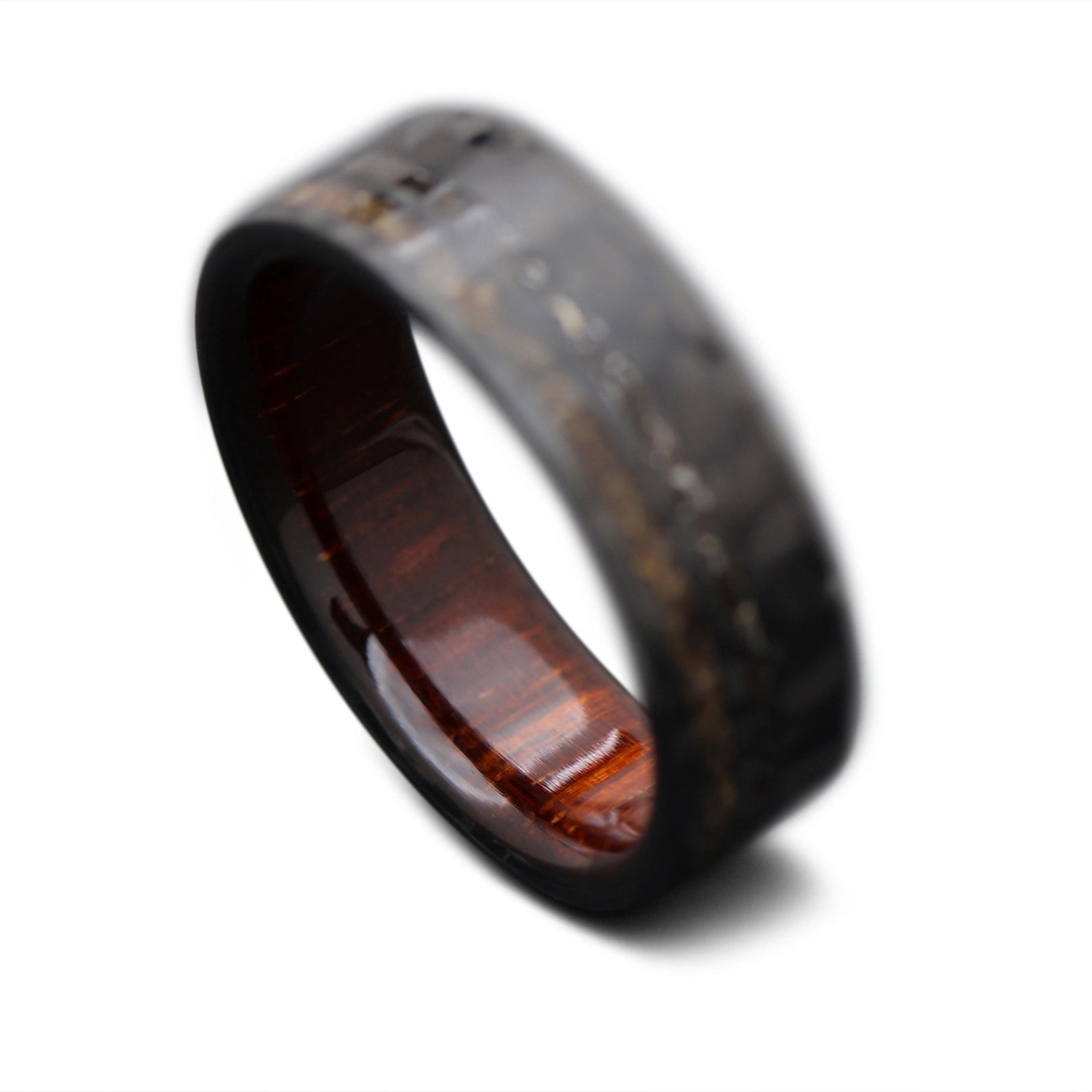 Back of CarbonTwill Core Ring with  Crushed T-Rex, Meteorite inlay and Koa inner sleeve, 8mm -THE SEEKER