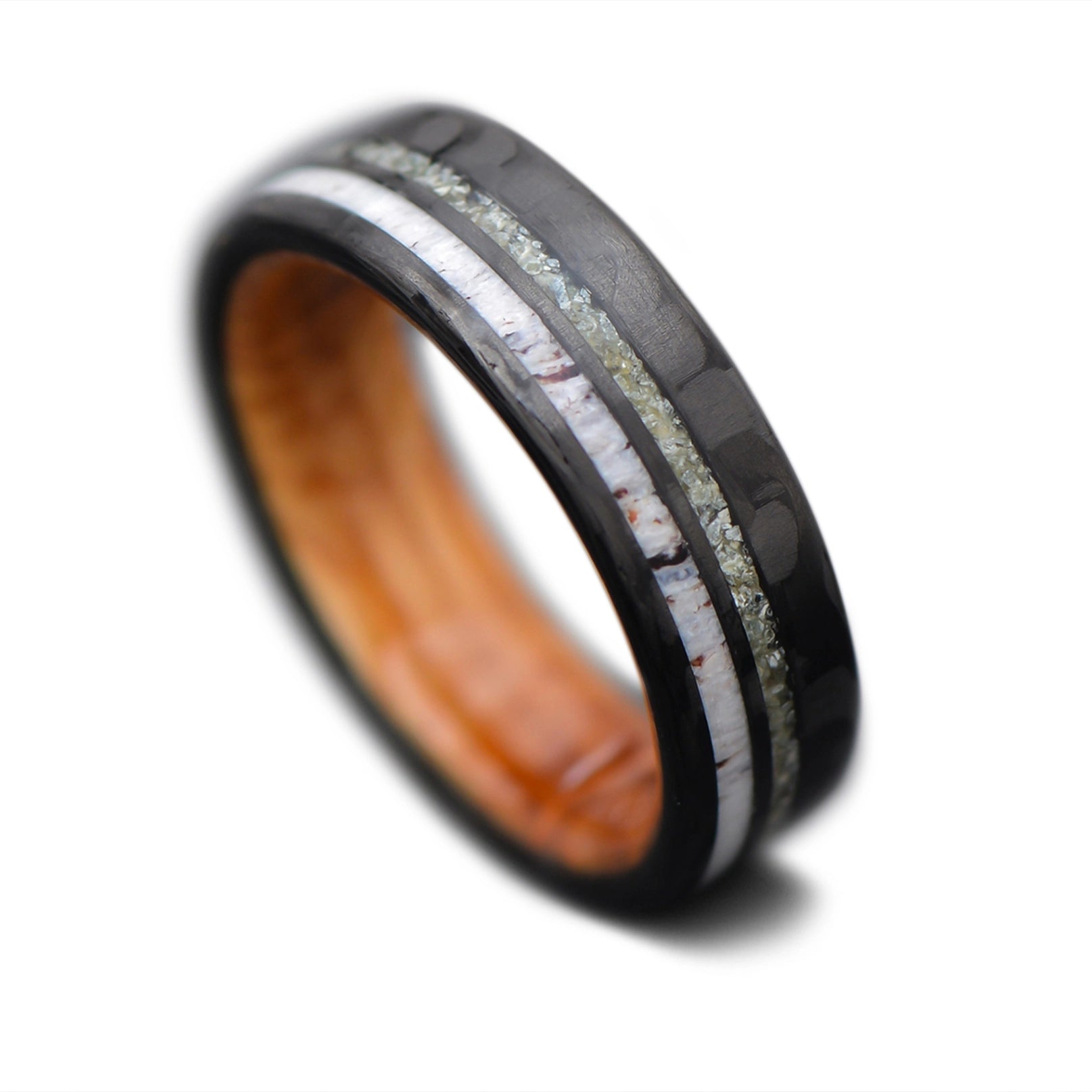 CarbonTwill Core Ring with Deer Antler, Jade inlay and  Whiskey Barrel Oak inner sleeve, 6mm -THE SEEKER