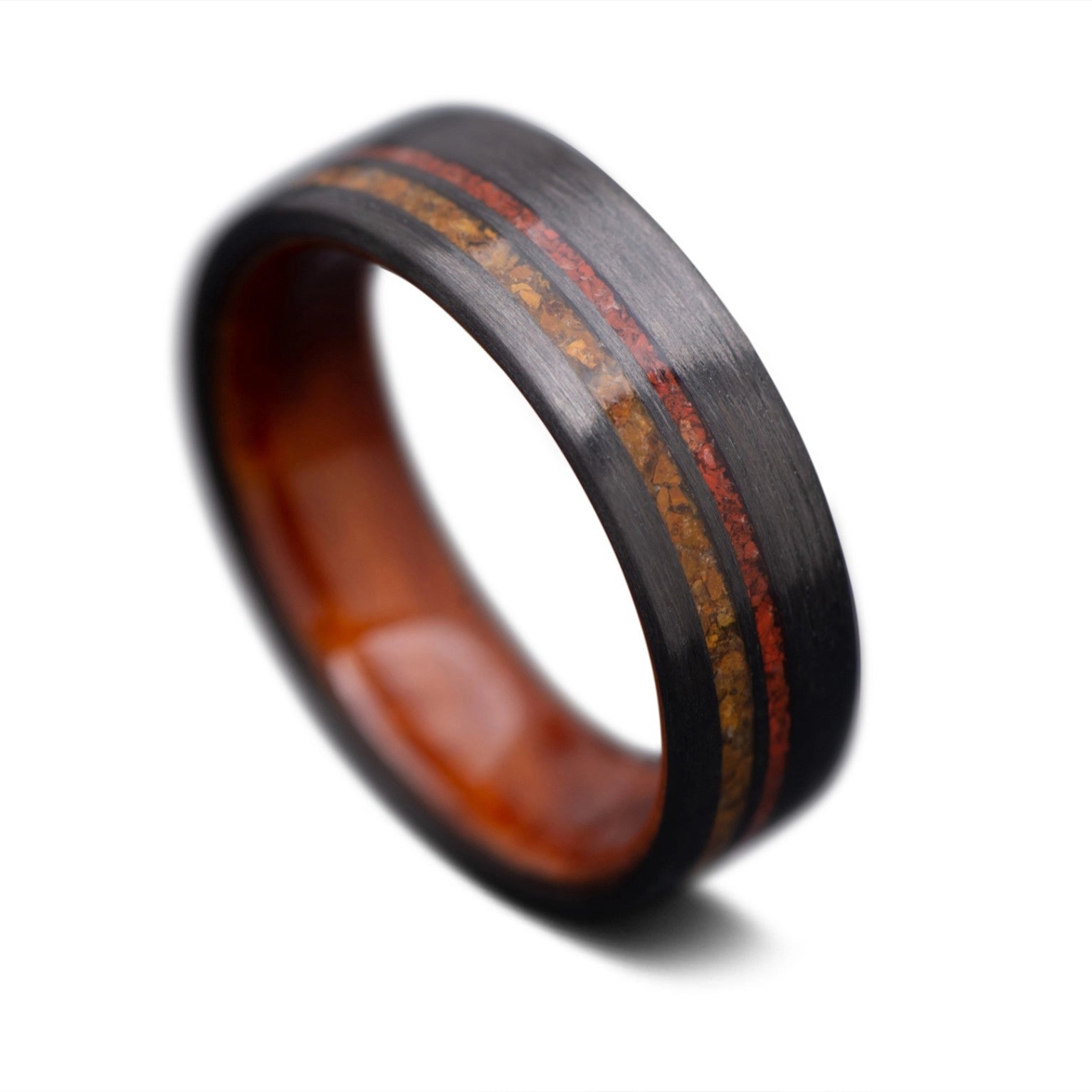 CarbonUni Ring with Tiger Eye, Red Jasper inlay and Thuya wood inner sleeve, 7mm -THE INNOVATOR