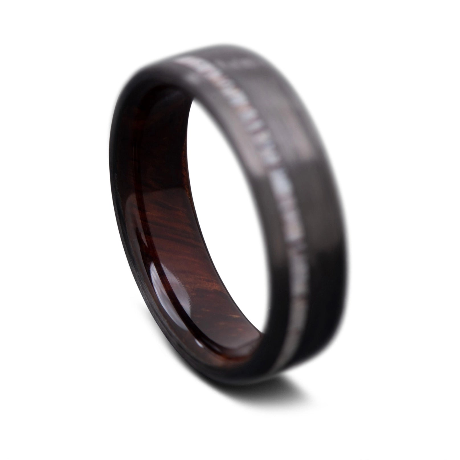 Back of CarbonUni Core ring with  Deer Antler inlay and Koa wood inner sleeve, 7mm -THE VERTEX