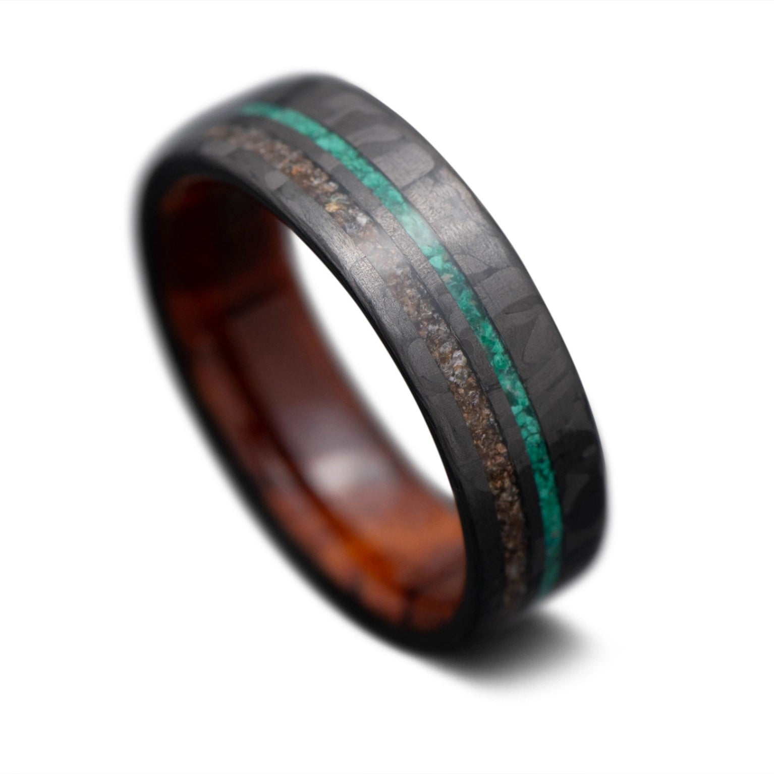 CarbonTwill Core Ring with Crushed T-Rex, Malachite inlay and  Thuya inner sleeve, 7mm -THE SEEKER