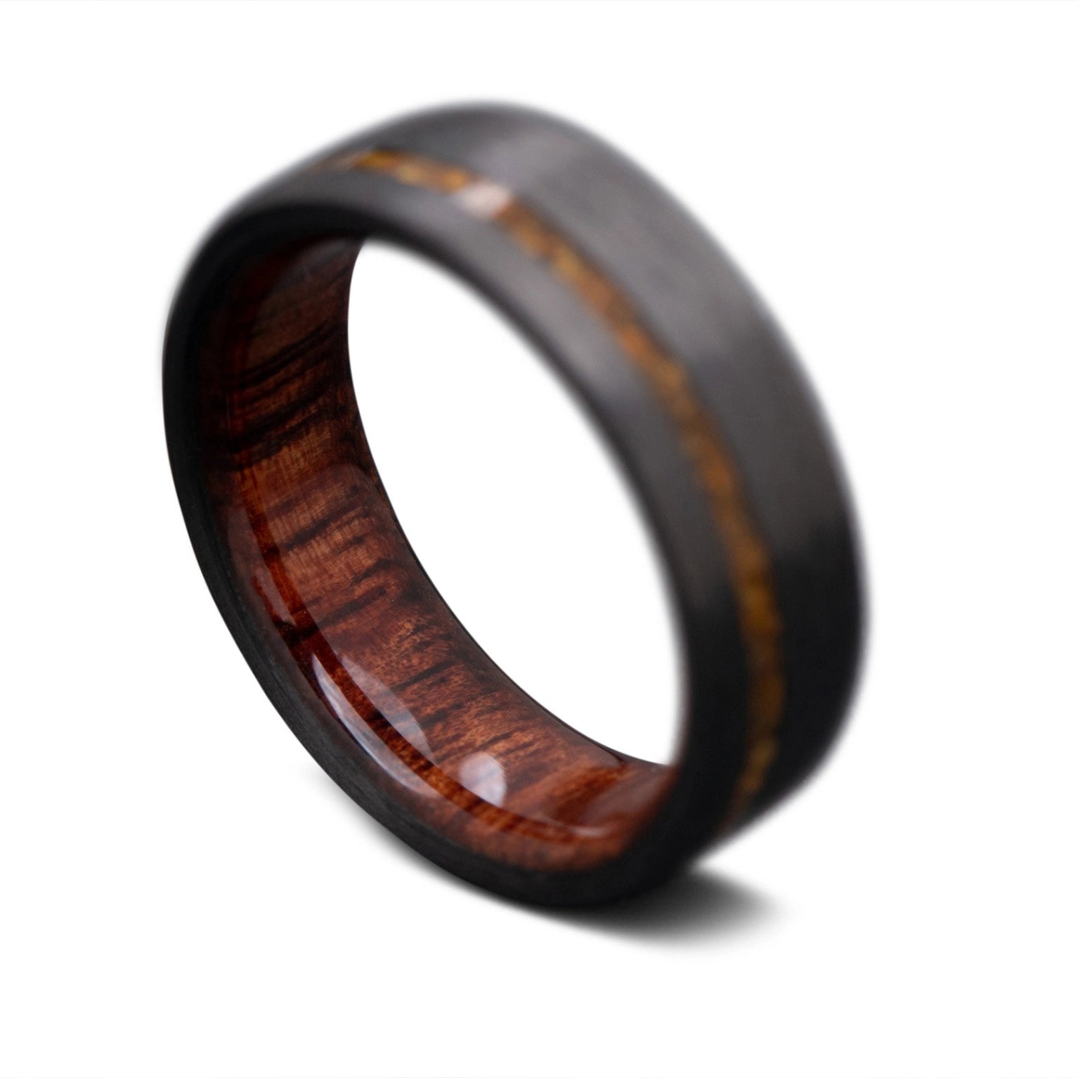 Back of CarbonUni Core ring with Tiger Eye inlay and  Leopardwood inner sleeve, 7mm -THE VERTEX