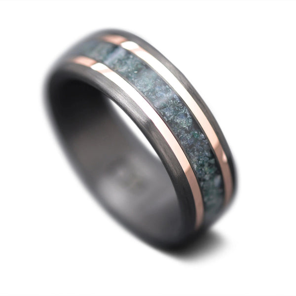 CarbonFiber Ring with Rose Gold and Moss Agate Inlay Men's Wedding